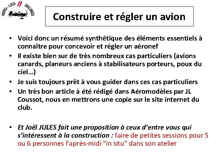 Construire et régler un avion • Voici donc un résumé synthétique des éléments essentiels