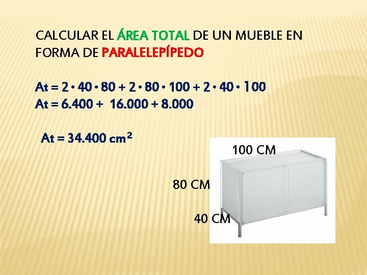 CALCULAR EL ÁREA TOTAL DE UN MUEBLE EN FORMA DE PARALELEPÍPEDO At = 2