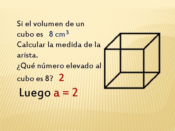 Si el volumen de un cubo es 8 cm³ Calcular la medida de la