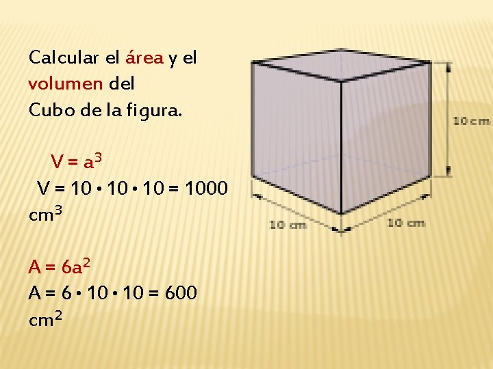Calcular el área y el volumen del Cubo de la figura. V = a³