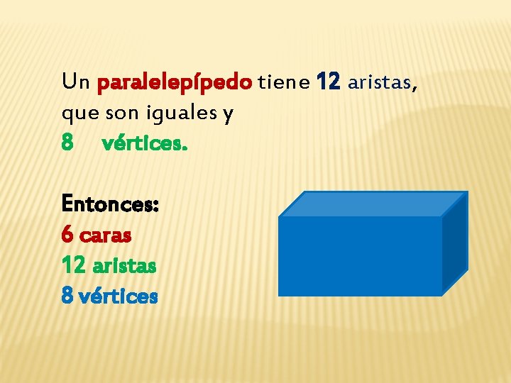 Un paralelepípedo tiene 12 aristas, que son iguales y 8 vértices. Entonces: 6 caras