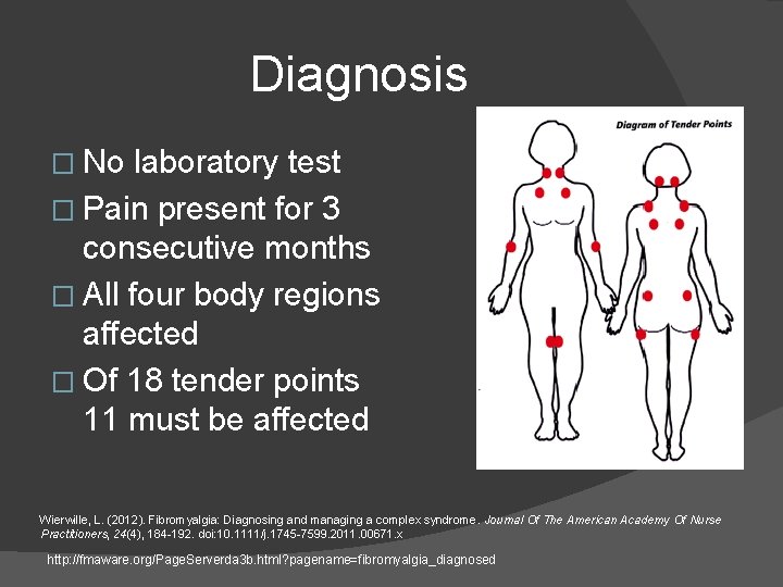 Diagnosis � No laboratory test � Pain present for 3 consecutive months � All