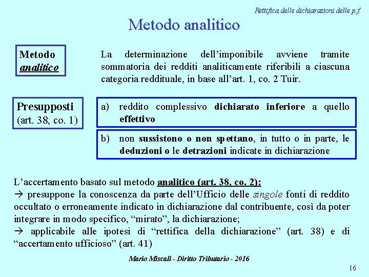 Rettifica delle dichiarazioni delle p. f. Metodo analitico La determinazione dell’imponibile avviene tramite sommatoria