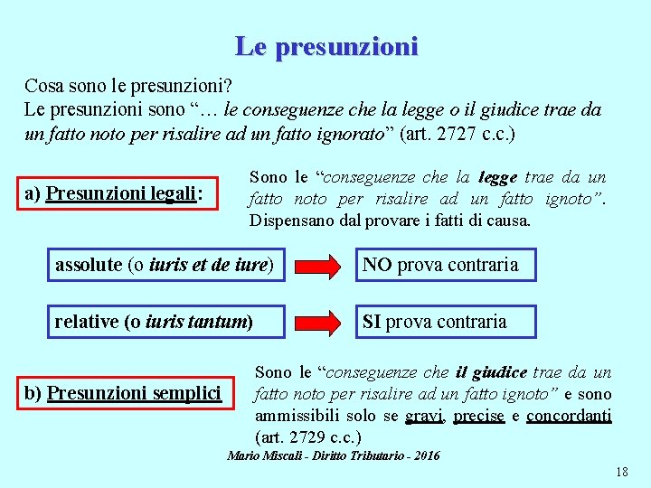 Le presunzioni Cosa sono le presunzioni? Le presunzioni sono “… le conseguenze che la