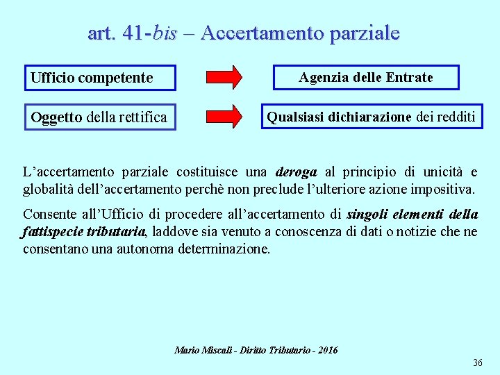 art. 41 -bis – Accertamento parziale Ufficio competente Oggetto della rettifica Agenzia delle Entrate