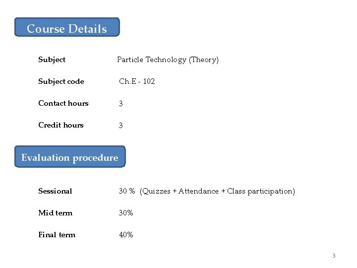 Course Details Subject Particle Technology (Theory) Subject code Ch. E - 102 Contact hours