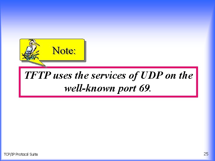 Note: TFTP uses the services of UDP on the well-known port 69. TCP/IP Protocol