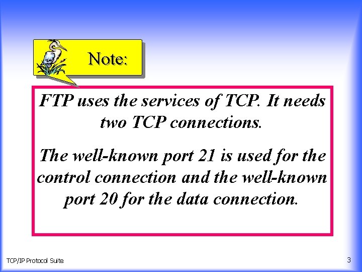 Note: FTP uses the services of TCP. It needs two TCP connections. The well-known