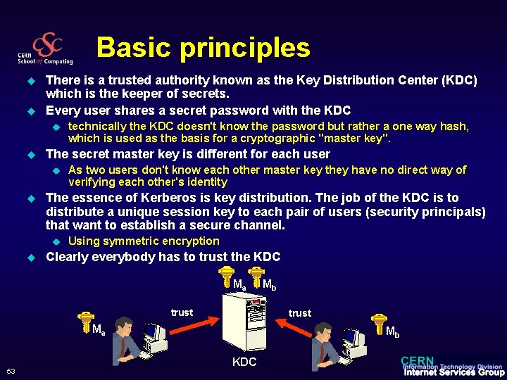Basic principles u u There is a trusted authority known as the Key Distribution
