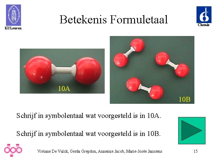 Betekenis Formuletaal Chemie KULeuven 10 A 10 B Schrijf in symbolentaal wat voorgesteld is