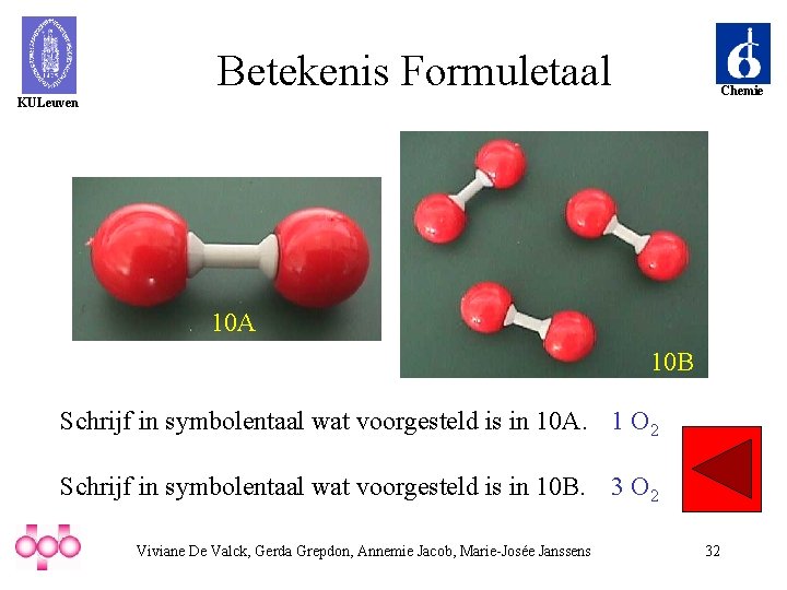 Betekenis Formuletaal Chemie KULeuven 10 A 10 B Schrijf in symbolentaal wat voorgesteld is