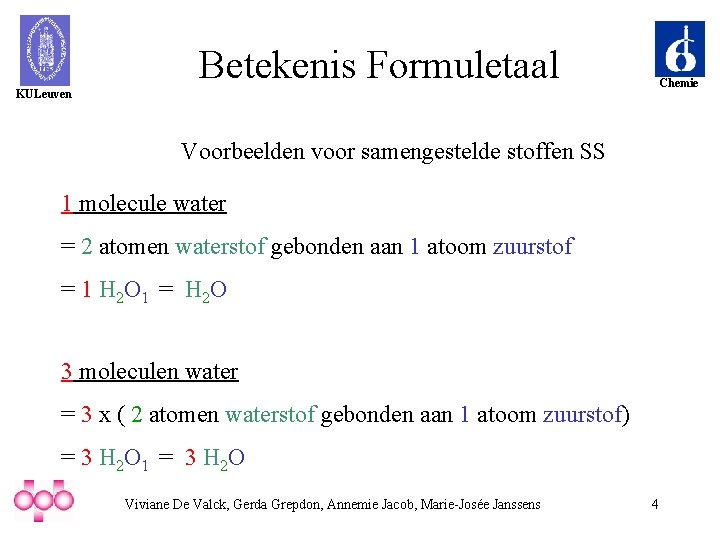 Betekenis Formuletaal Chemie KULeuven Voorbeelden voor samengestelde stoffen SS 1 molecule water = 2