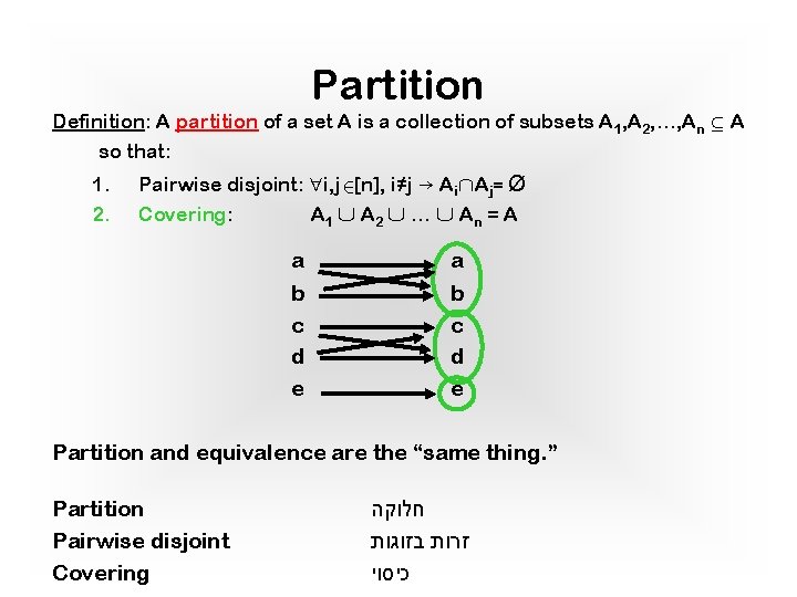 Partition Definition: A partition of a set A is a collection of subsets A