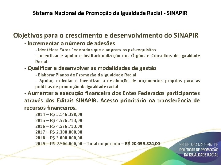 Sistema Nacional de Promoção da Igualdade Racial - SINAPIR Objetivos para o crescimento e
