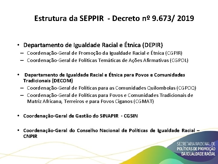 Estrutura da SEPPIR - Decreto nº 9. 673/ 2019 • Departamento de Igualdade Racial Estrutura da SEPPIR - Decreto nº 9. 673/ 2019 • Departamento de Igualdade Racial