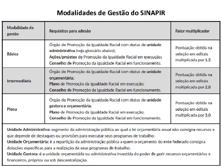 Modalidades de Gestão do SINAPIR 9 Modalidades de Gestão do SINAPIR 9