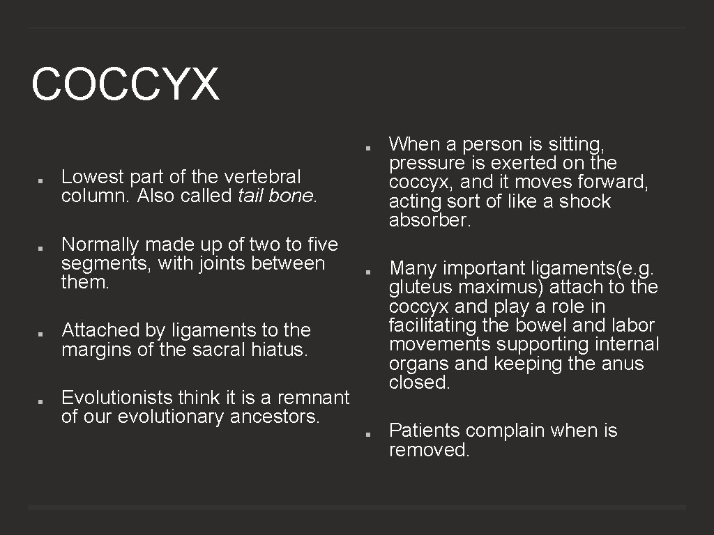 COCCYX Lowest part of the vertebral column. Also called tail bone. Normally made up