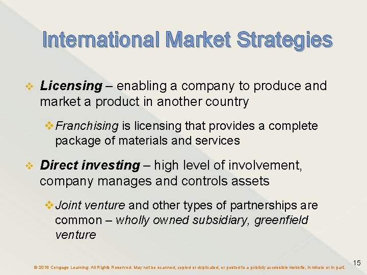 International Market Strategies v Licensing – enabling a company to produce and market a