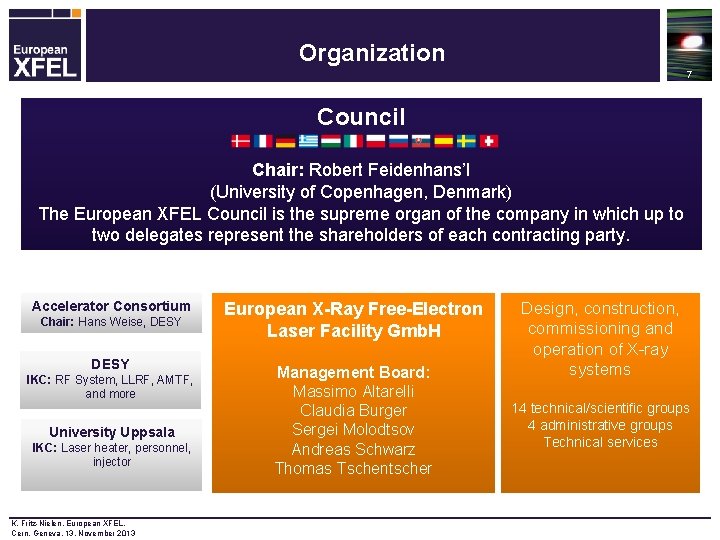 Organization 7 Council Chair: Robert Feidenhans’l (University of Copenhagen, Denmark) The European XFEL Council