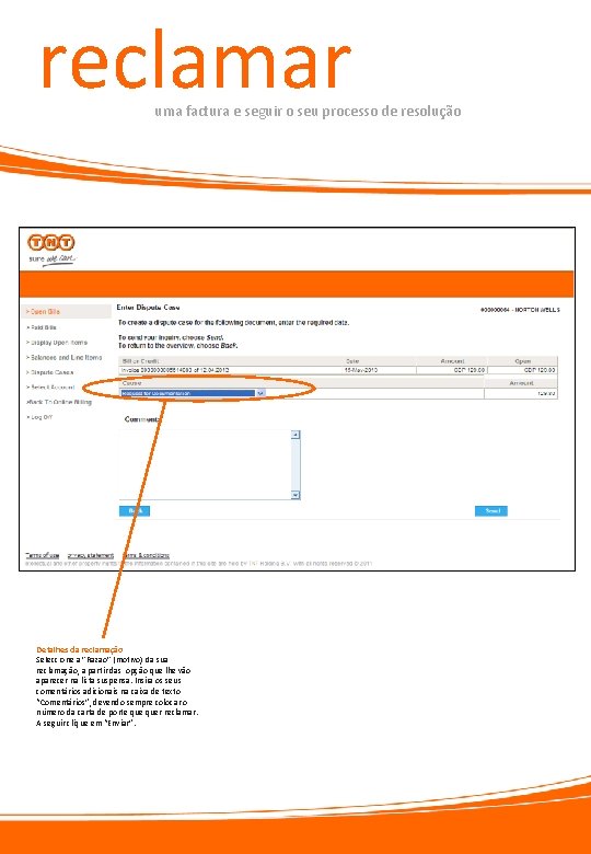 reclamar uma factura e seguir o seu processo de resolução Detalhes da reclamação Seleccione