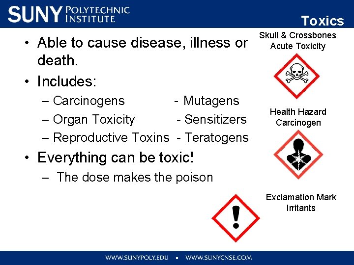 Toxics • Able to cause disease, illness or death. • Includes: – Carcinogens -