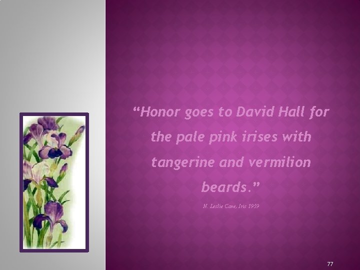 “Honor goes to David Hall for the pale pink irises with tangerine and vermilion