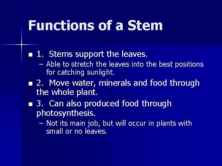 Functions of a Stem n 1. Stems support the leaves. – Able to stretch