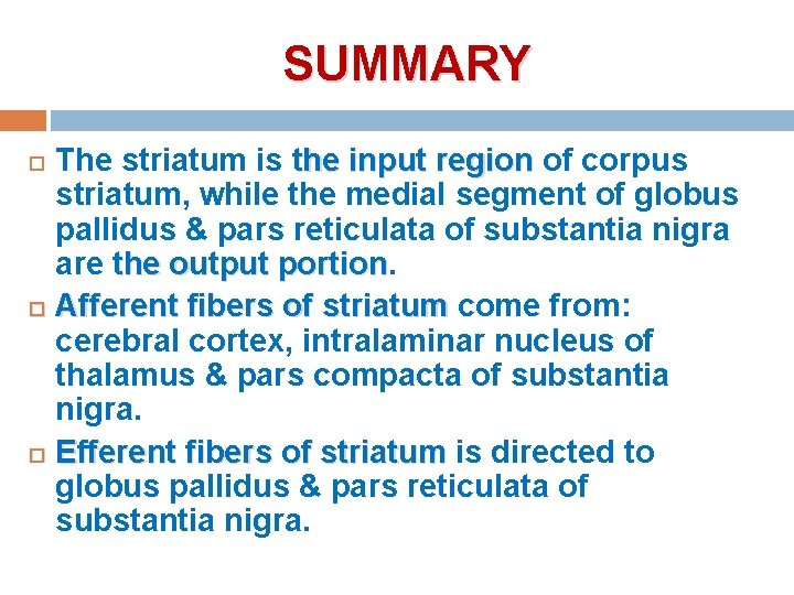 SUMMARY The striatum is the input region of corpus striatum, while the medial segment