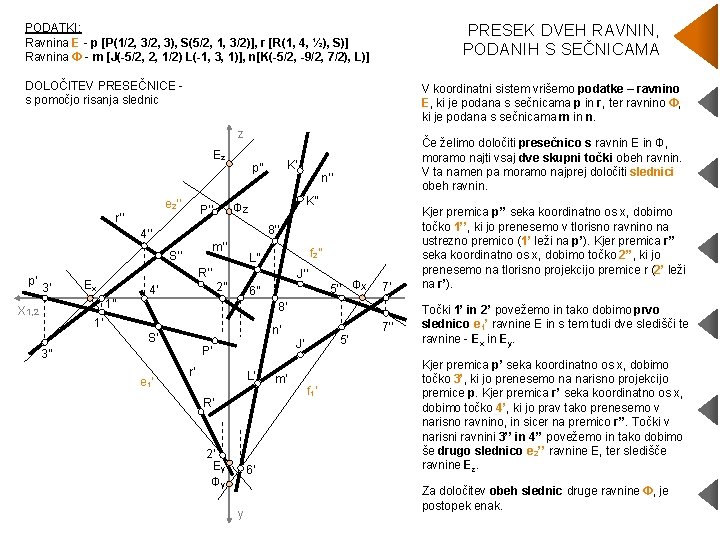 PRESEK DVEH RAVNIN, PODANIH S SEČNICAMA PODATKI: Ravnina E - p [P(1/2, 3), S(5/2,