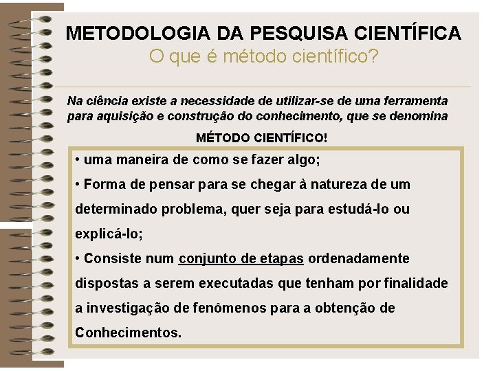 METODOLOGIA DA PESQUISA CIENTÍFICA O que é método científico? Na ciência existe a necessidade