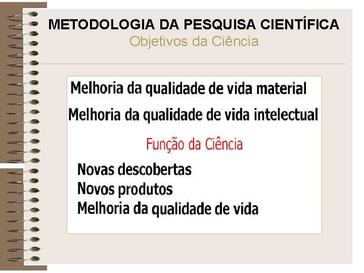 METODOLOGIA DA PESQUISA CIENTÍFICA Objetivos da Ciência 