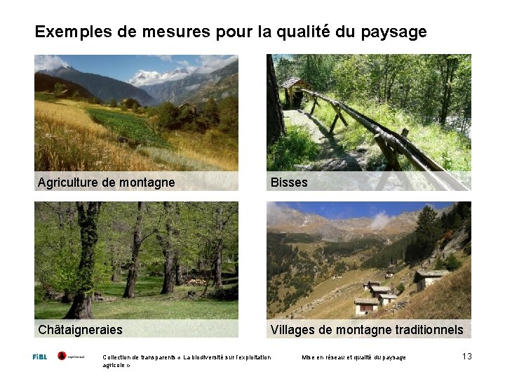 Exemples de mesures pour la qualité du paysage Agriculture de montagne Bisses Châtaigneraies Villages