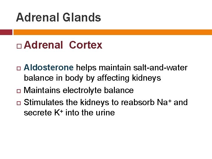 Adrenal Glands Adrenal Cortex Aldosterone helps maintain salt-and-water balance in body by affecting kidneys