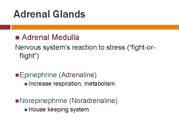 Adrenal Glands Adrenal Medulla Nervous system’s reaction to stress (“fight-orflight”) Epinephrine (Adrenaline) Increase respiration,