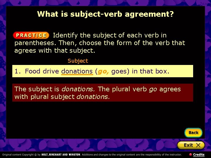 What is subject-verb agreement? Identify the subject of each verb in parentheses. Then, choose