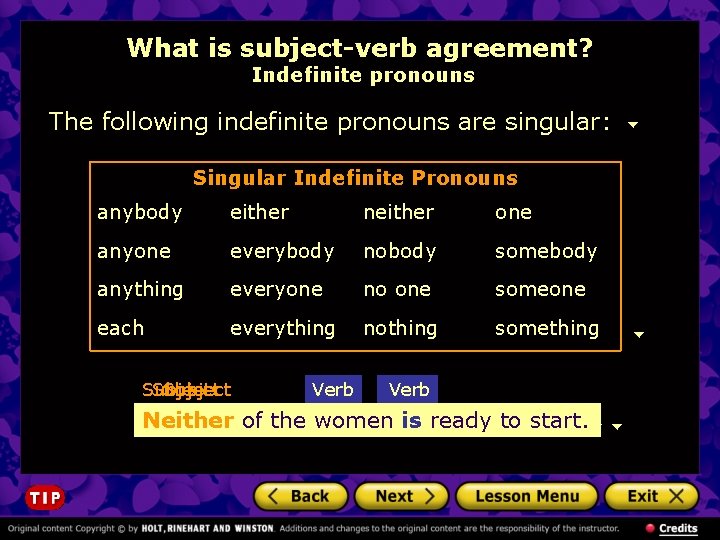 What is subject-verb agreement? Indefinite pronouns The following indefinite pronouns are singular: Singular Indefinite