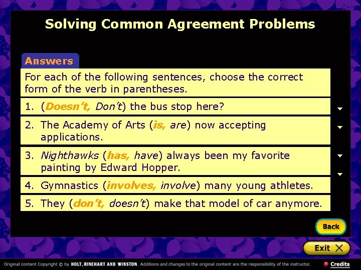 Solving Common Agreement Problems Answers For each of the following sentences, choose the correct