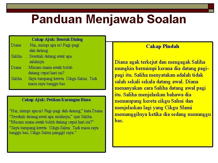 Panduan Menjawab Soalan Diana Saliha Cakap Ajuk: Bentuk Dialog : Hai, mimpi apa ni!