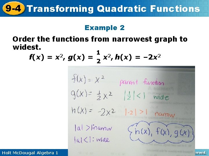 9 -4 Transforming Quadratic Functions Example 2 Order the functions from narrowest graph to