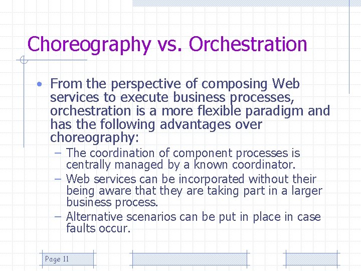 Choreography vs. Orchestration • From the perspective of composing Web services to execute business