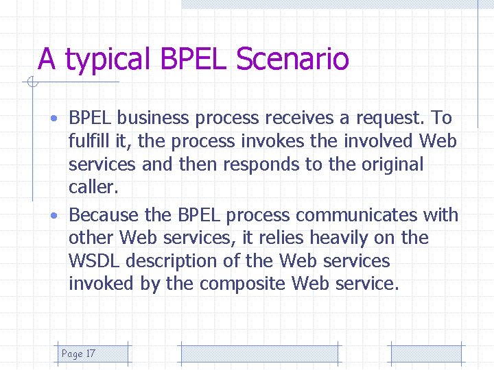 A typical BPEL Scenario • BPEL business process receives a request. To fulfill it,
