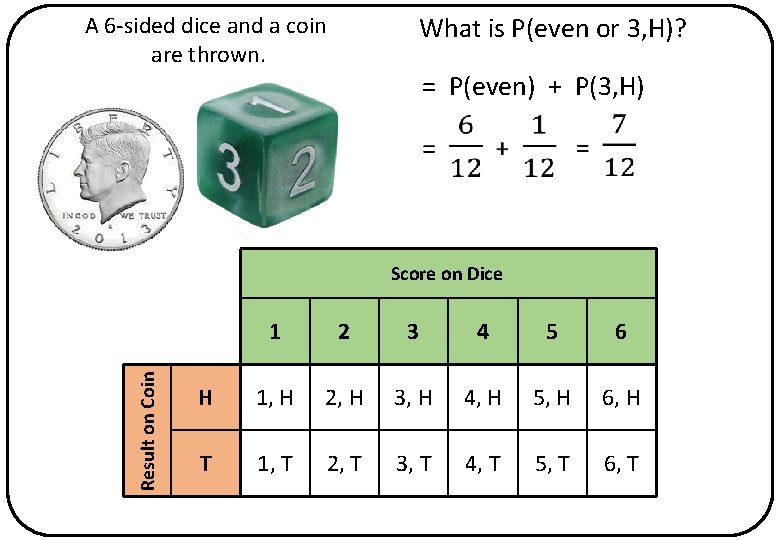 What is P(even or 3, H)? A 6 -sided dice and a coin are