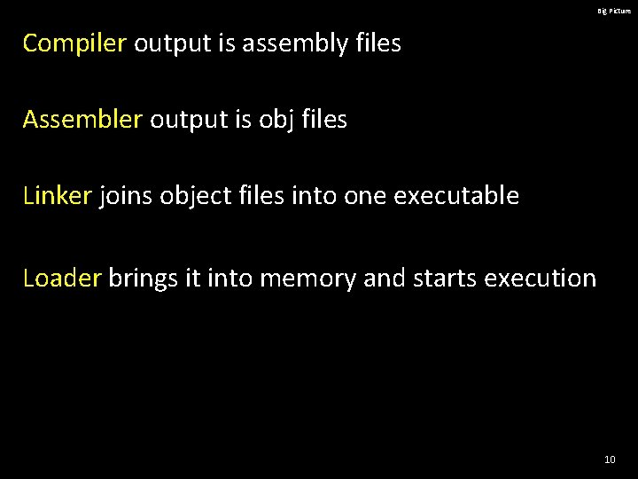 Big Picture Compiler output is assembly files Assembler output is obj files Linker joins