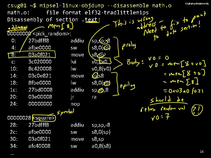 csug 01 ~$ mipsel-linux-objdump --disassemble math. o: file format elf 32 -tradlittlemips Disassembly of