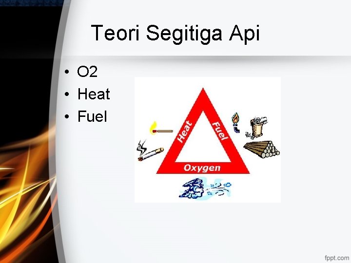 Teori Segitiga Api • O 2 • Heat • Fuel 