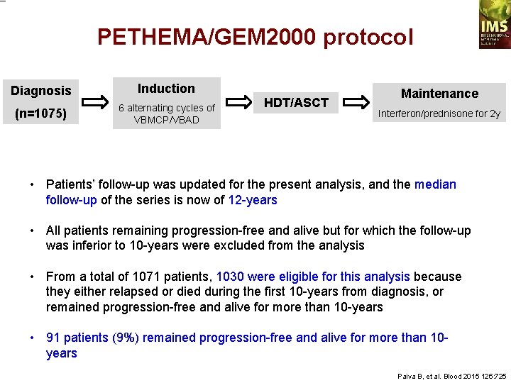 PETHEMA/GEM 2000 protocol Diagnosis Induction (n=1075) 6 alternating cycles of VBMCP/VBAD HDT/ASCT Maintenance Interferon/prednisone