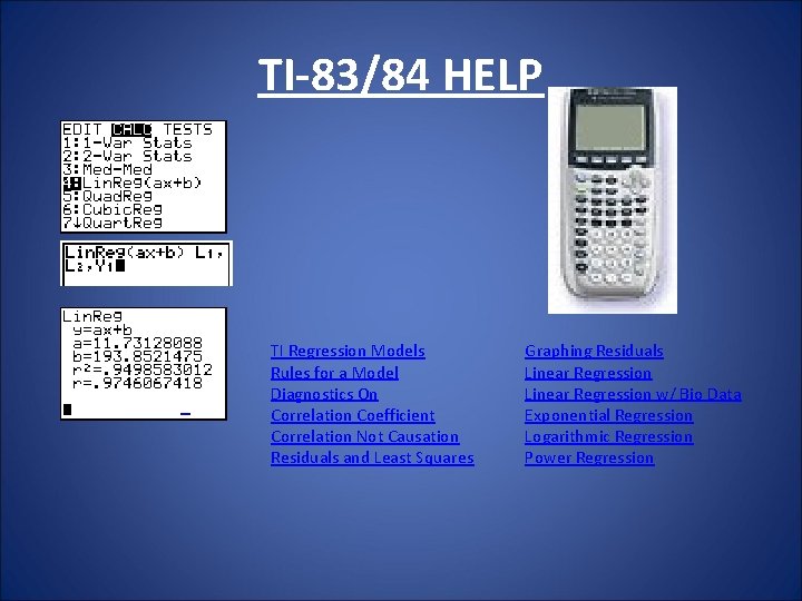 TI-83/84 HELP TI Regression Models Rules for a Model Diagnostics On Correlation Coefficient Correlation TI-83/84 HELP TI Regression Models Rules for a Model Diagnostics On Correlation Coefficient Correlation