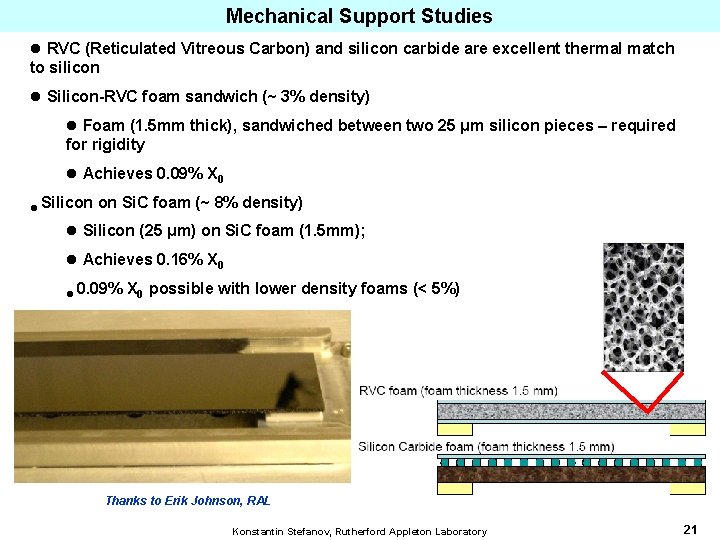 Mechanical Support Studies l RVC (Reticulated Vitreous Carbon) and silicon carbide are excellent thermal