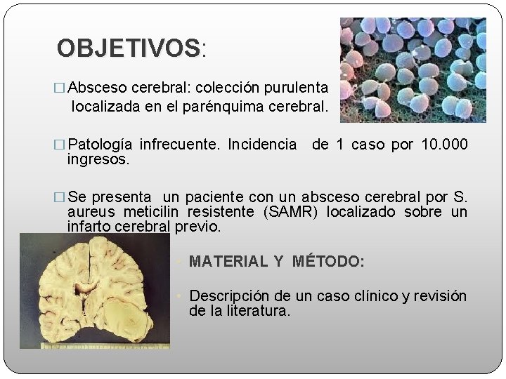 OBJETIVOS: OBJETIVOS � Absceso cerebral: colección purulenta localizada en el parénquima cerebral. � Patología