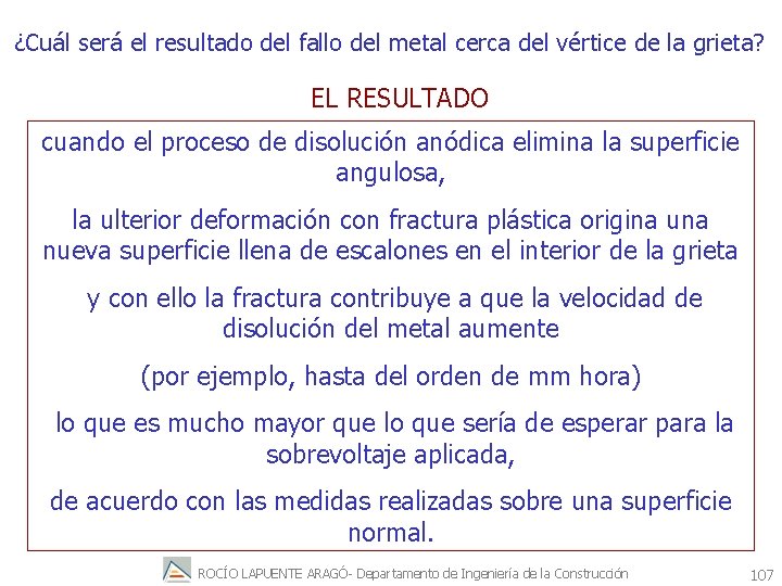 ¿Cuál será el resultado del fallo del metal cerca del vértice de la grieta?